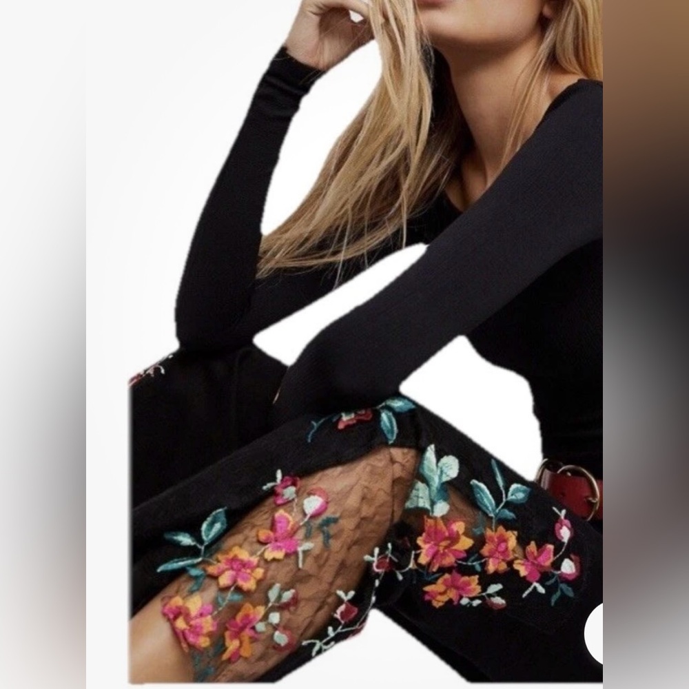 WE THE FREE PEOPLE Embroidered Anthropologie Lace Flare Boho Black Jeans  29